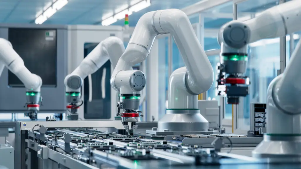 Advanced High Precision Robot Arm inside Bright Electronics Factory. Electronic Devices Production Industry. Component Installation on Circuit Board. Fully Automated Modern PCB Assembly Line.